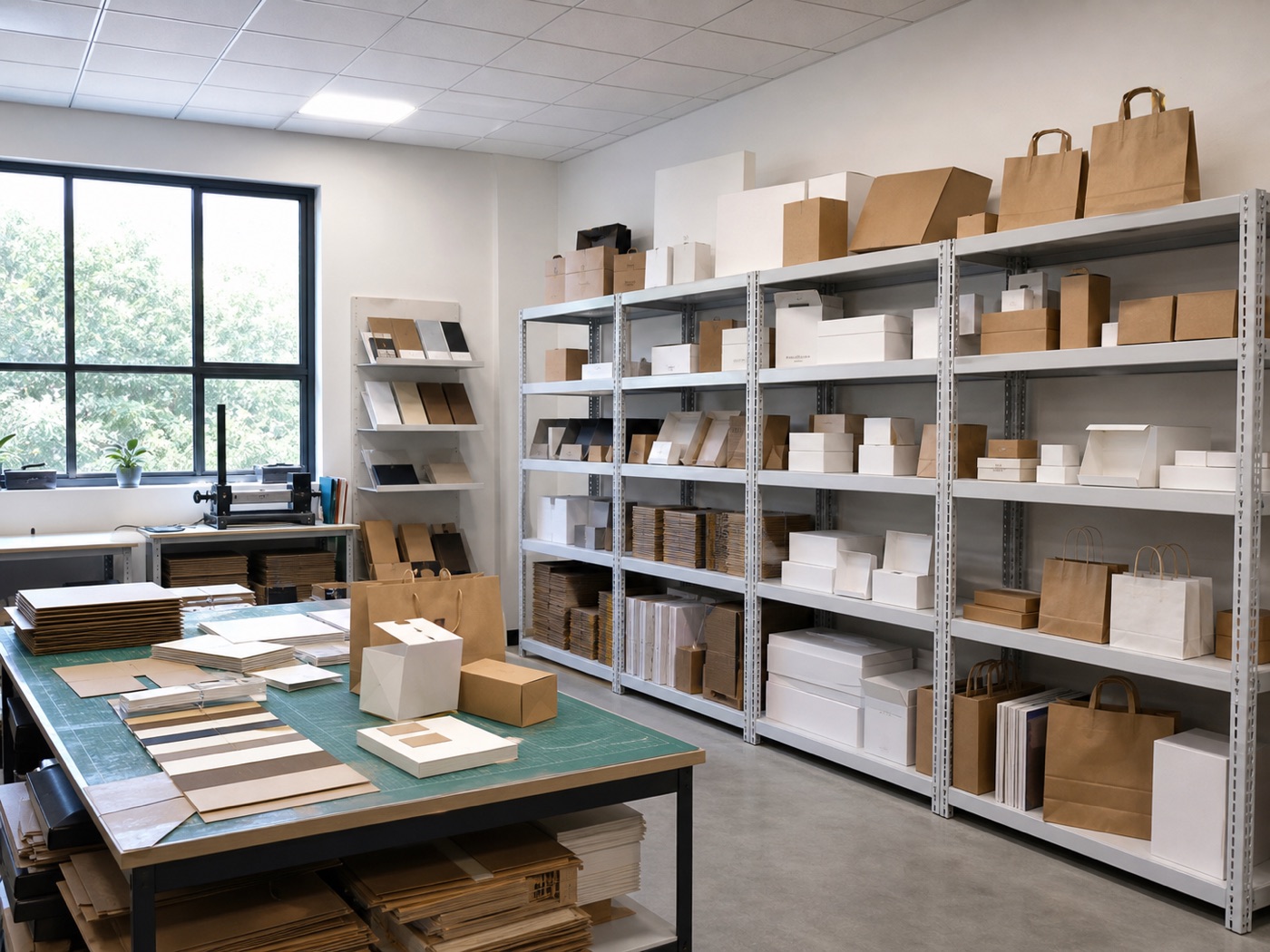 Packaging workroom with paper boxes, bags, materials, and workbench