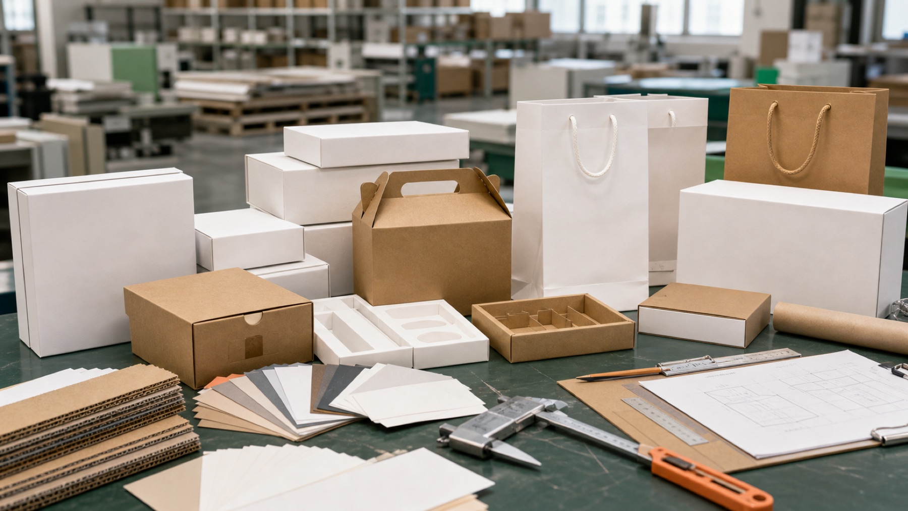 Paper packaging products, materials, and measuring tools on a packaging workbench